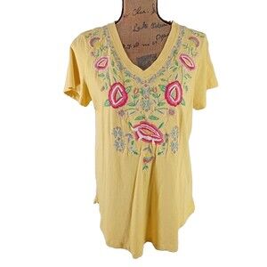 Caite XOXO Top Womens M Embroider T Shirt Bright Yellow Floral Handmade LN‎